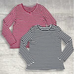Eddie Bauer Long Sleeve Striped Tops (2) Womens L Red Navy Grey Cotton Modal
